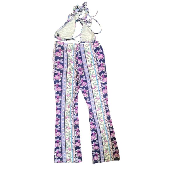 Purple blue Floral Print Halter Crop Top Flared Pants Set large Sexy‎ Hippie Y2K - Picture 2 of 6